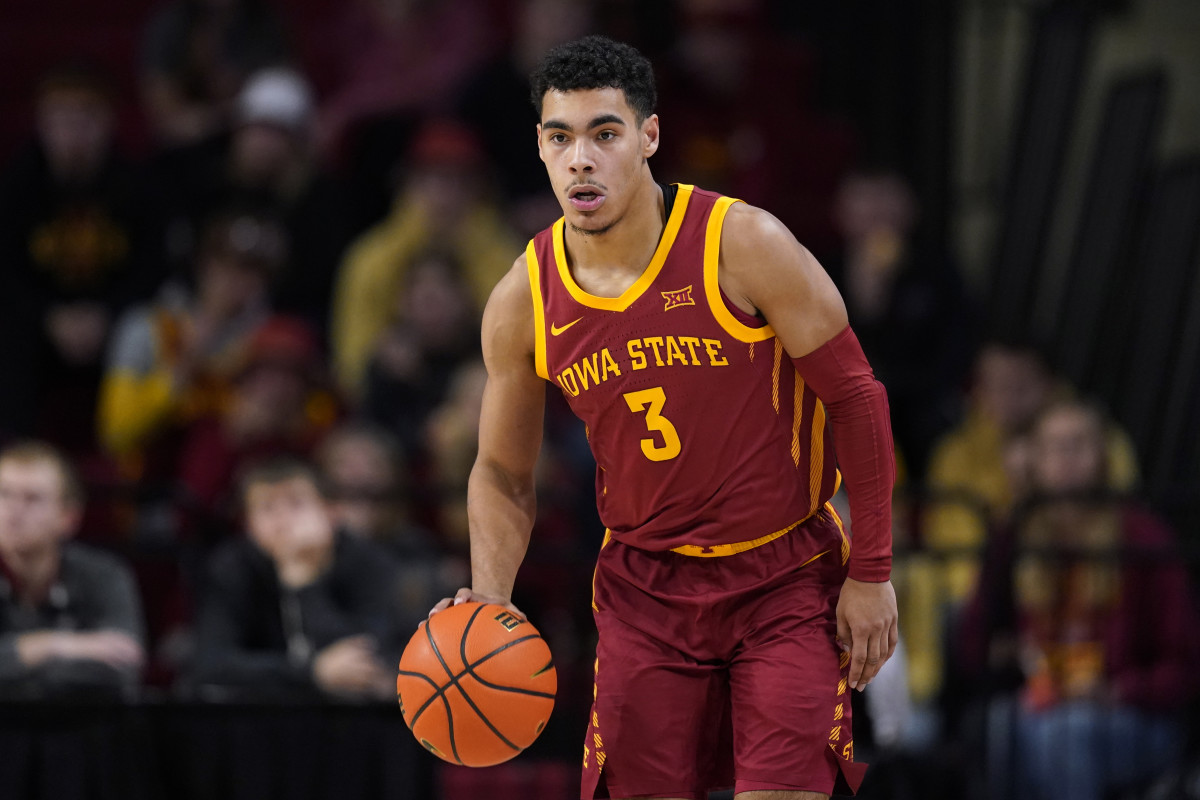 Iowa State guard Tamin Lipsey drives up court during the second half of an NCAA college basketball game against Western Michigan, Sunday, Dec. 18, 2022, in Ames, Iowa. Iowa State won 73-57.